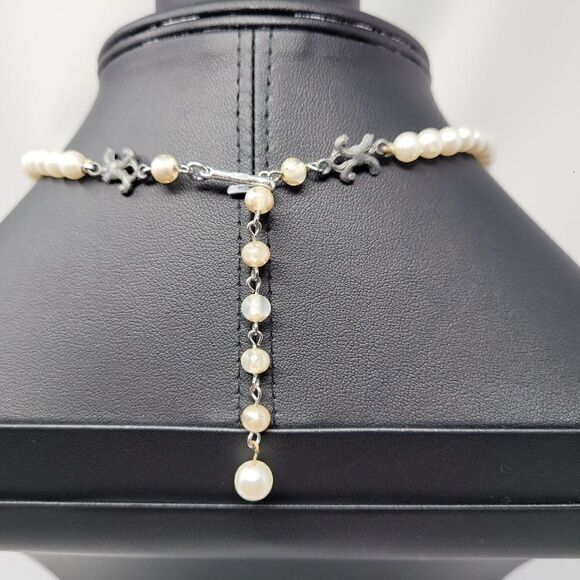 Vintage 50s AB Crystals Faux Pearl Choker Necklace Clear Aurora Borealis Japan - Picture 7 of 11